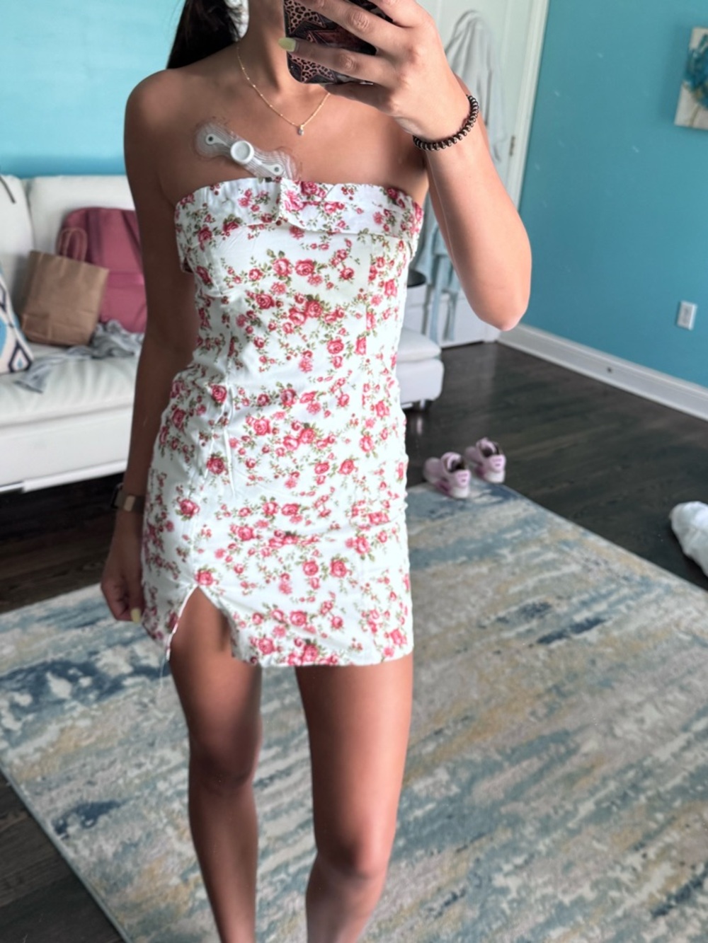 Floral Strapless Mini Dress with Front Slit - White/Pink